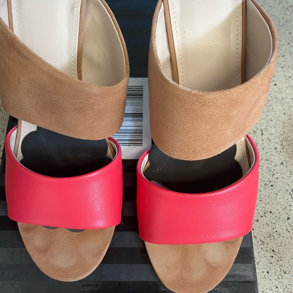 Lovely VS Tan and Coral Leather Slides with 3.5 inch heels